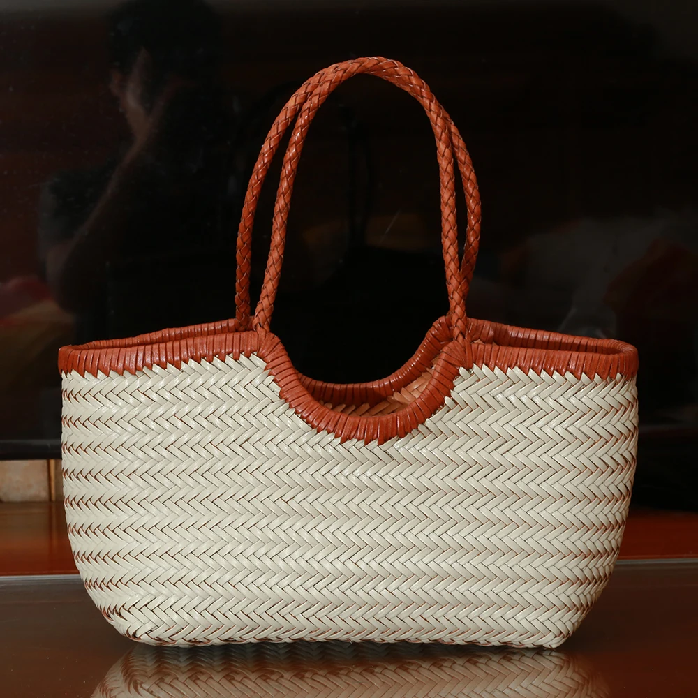 Handbags Women's Genuine Leather Shoulder Bag Weaving Casual Shopping Bag Vintage Big Tote Purse Cowhide Cross Hand Bags Lady image 3