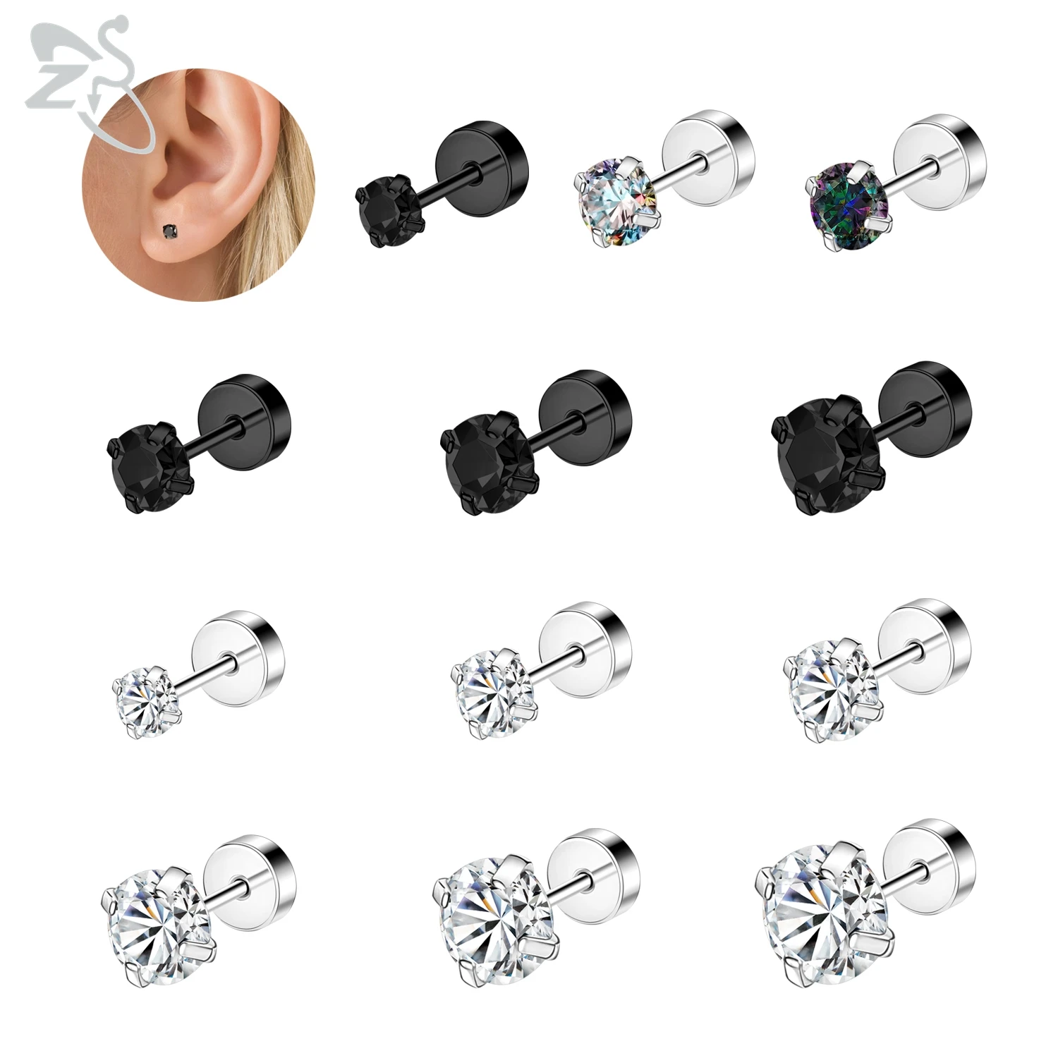 

ZS 1 Pair 20G Stainless Steel Stud Earring 3-8MM Round CZ Crystal Ear Studs For Women Girls Helix Tragus Helix Piercing Jewelry