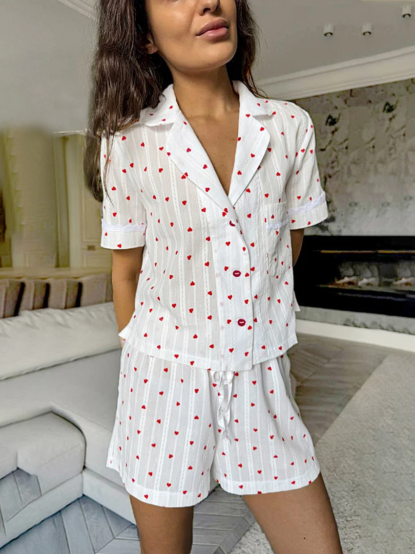 Marthaqiqi Cotton Ladies Pajamas Suit Short Sleeve Nightie Turn-Down Collar Nightwear Crop Top Nightgowns Shorts Sleepwear Sets