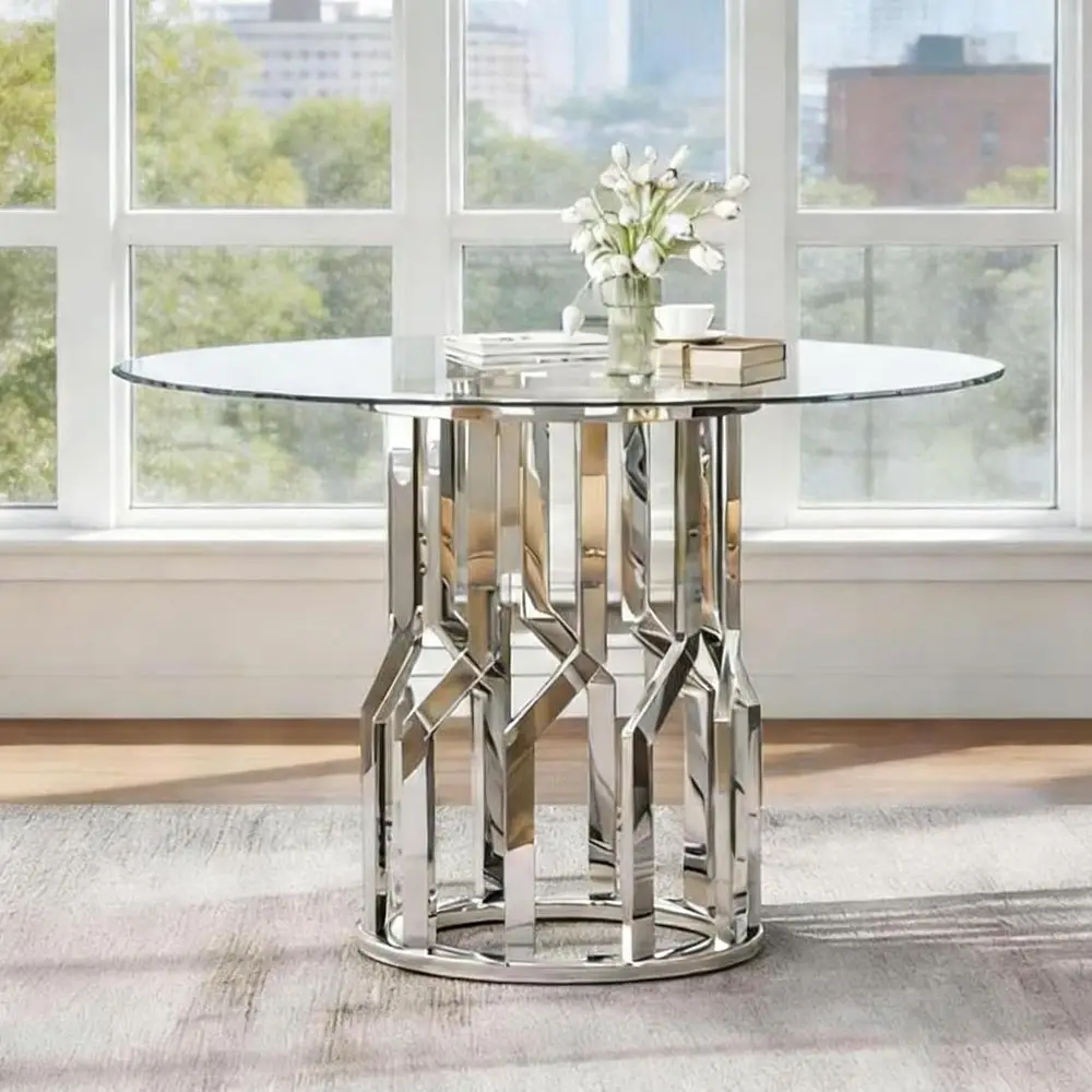 

Round Glass Dining Table, Modern Kitchen Table with Steel Legs, Suitable for Dining Room, Home, Silver Finish