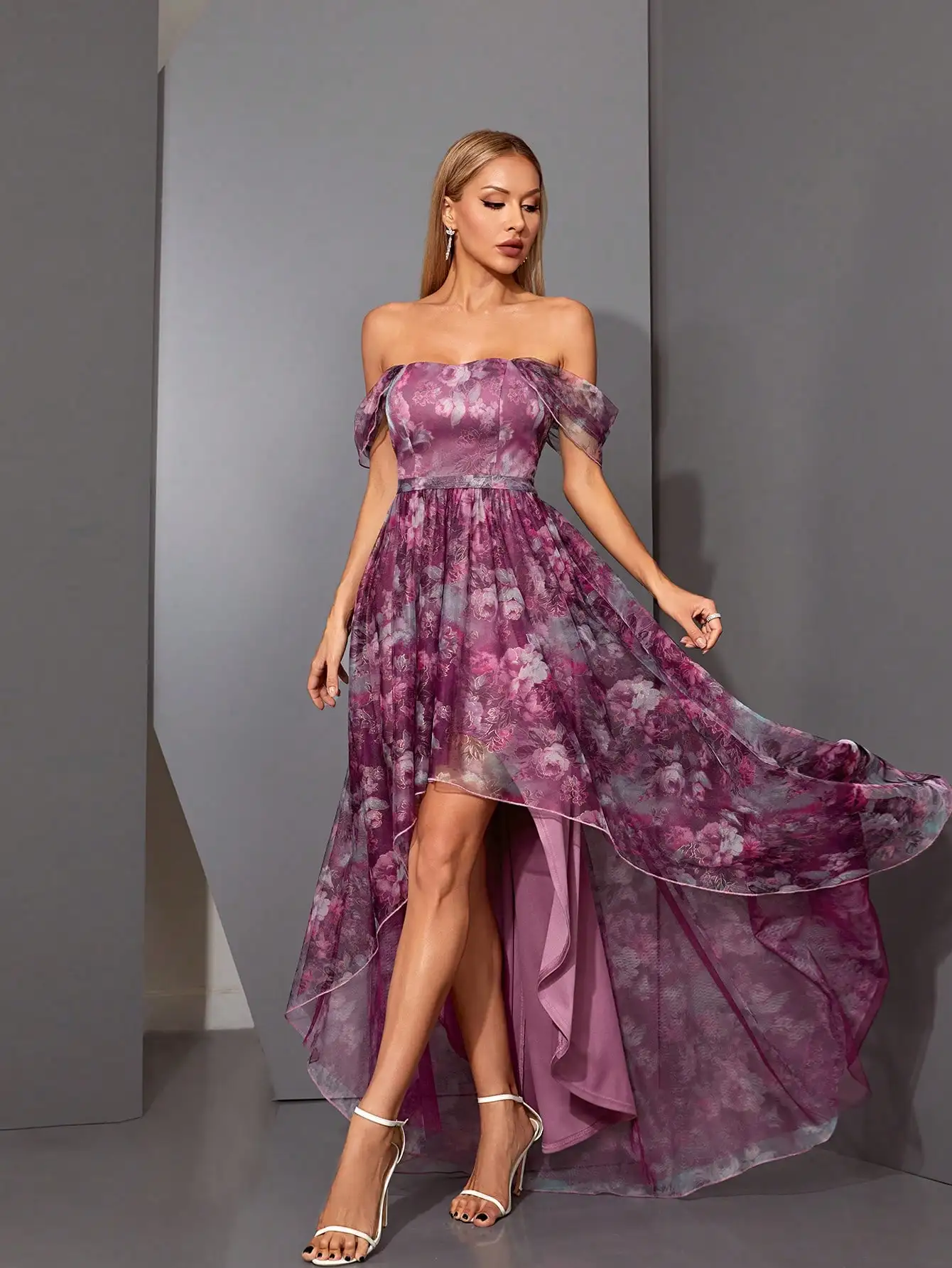 Mgiacy Jupe longue plissée imprimée à col unique devant court dos en maille avec grande balançoire