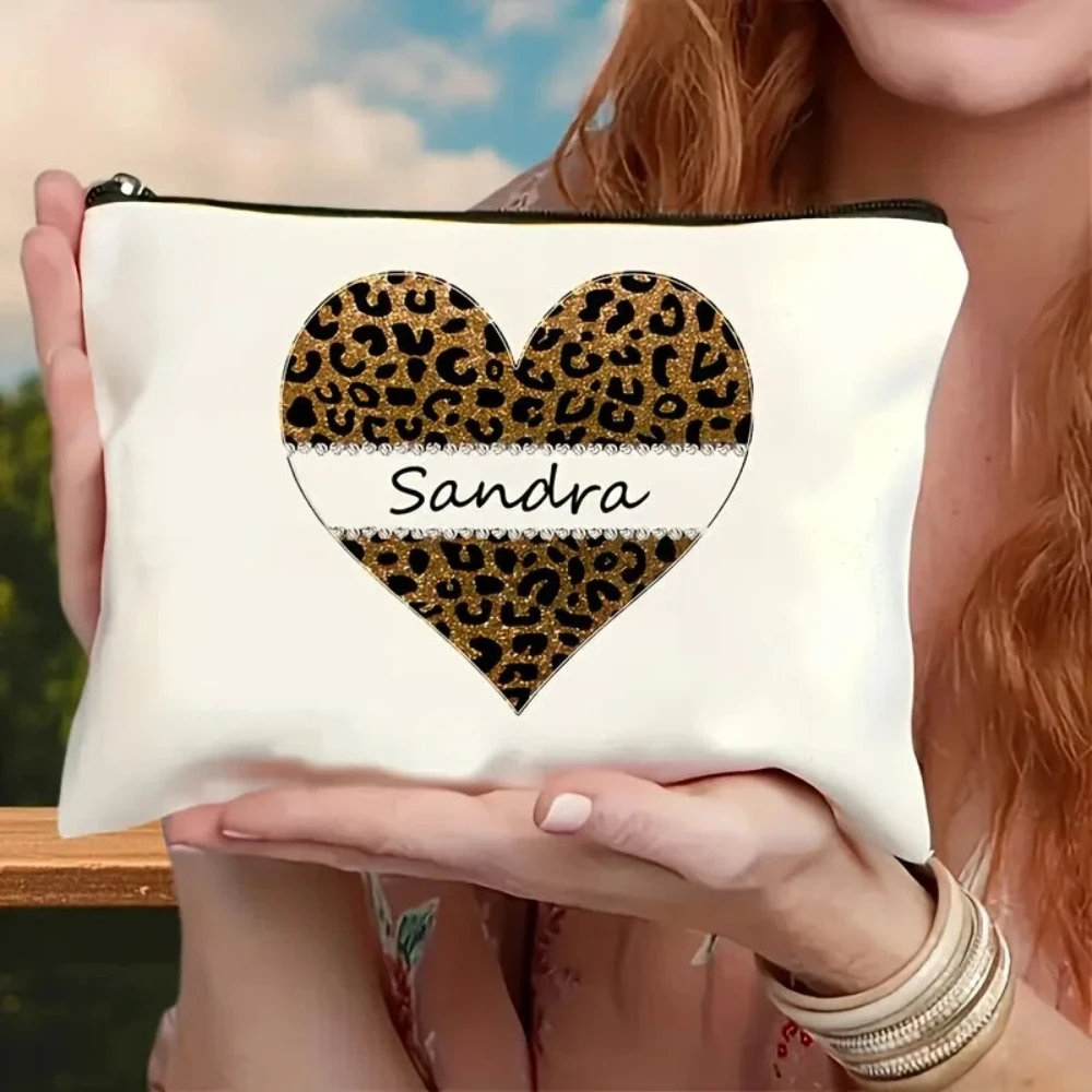 Custom Leopard Print Heart Design Beige Makeup Bag - Perfect Gift for Best Friends & Sisters, Portable Zippered Cosmetic Pouch