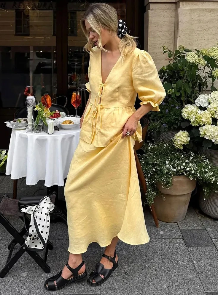 

Женская макси-юбка с рюшами из 2 предметов, рубашки с v-образным вырезом на шнуровке и короткими рукавами, топ и тонкая длинная юбка с высокой талией