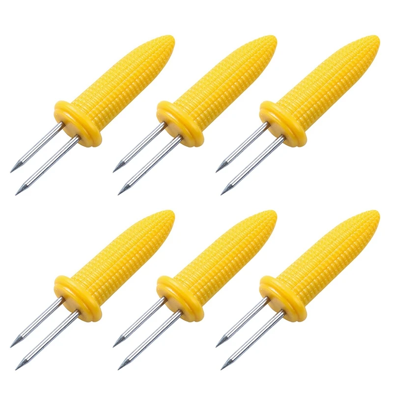 6 Pieces Of Corn Rack Corn On The Cob Stainless Steel Corn Rack Fork Skewers With Silicone Handle-A84M