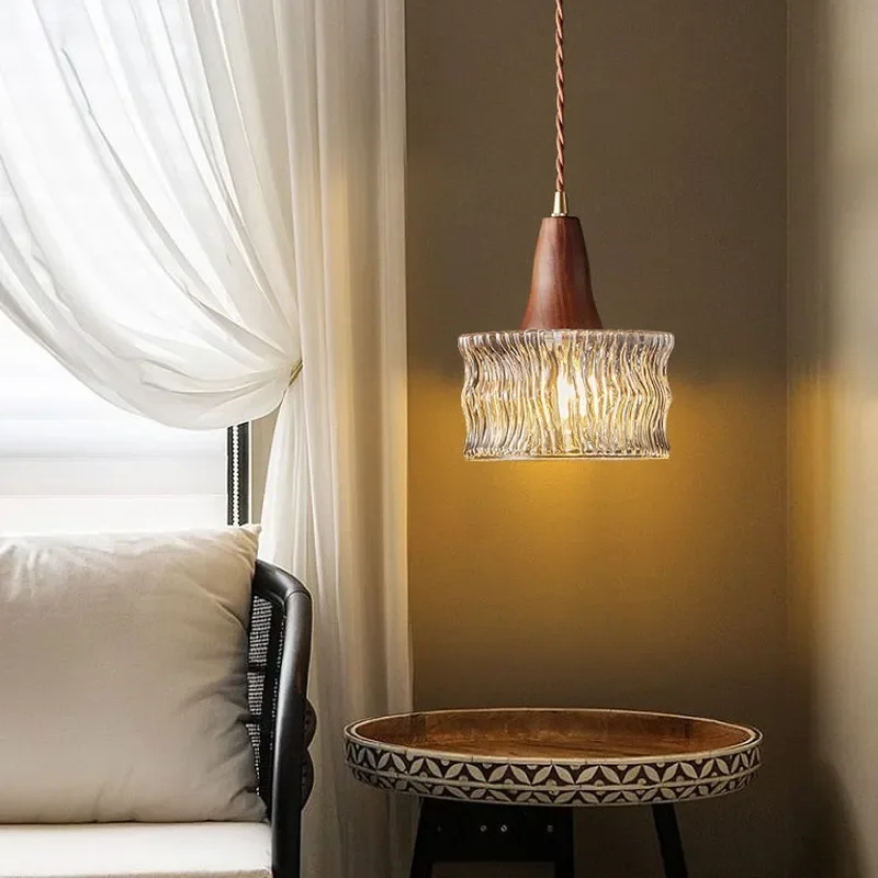 Retro Walnut Glass Chandelier Japanese Minimalist Pendant Light for Bedroom Bedside Aisle Balcony Bar Home Decor Lighting