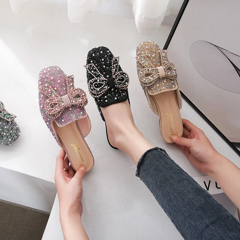 Bling Women Rhinestone Slippers Flat Heel Women Fashion Muller Sandals Female Dress Shoes with Beads Casual Shoes QC1225-2