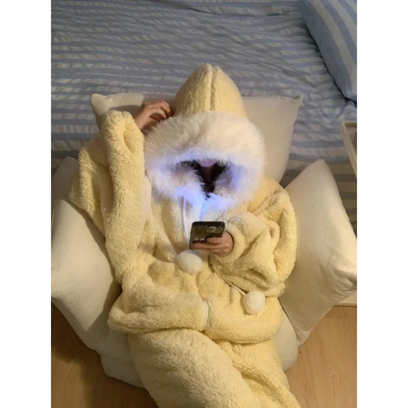 Creamy Yellow Winter Fur Collar Plush Hooded Solid Color Cute Simple Coral Velvet Pajamas For Women Warm Casual Home Wear Set