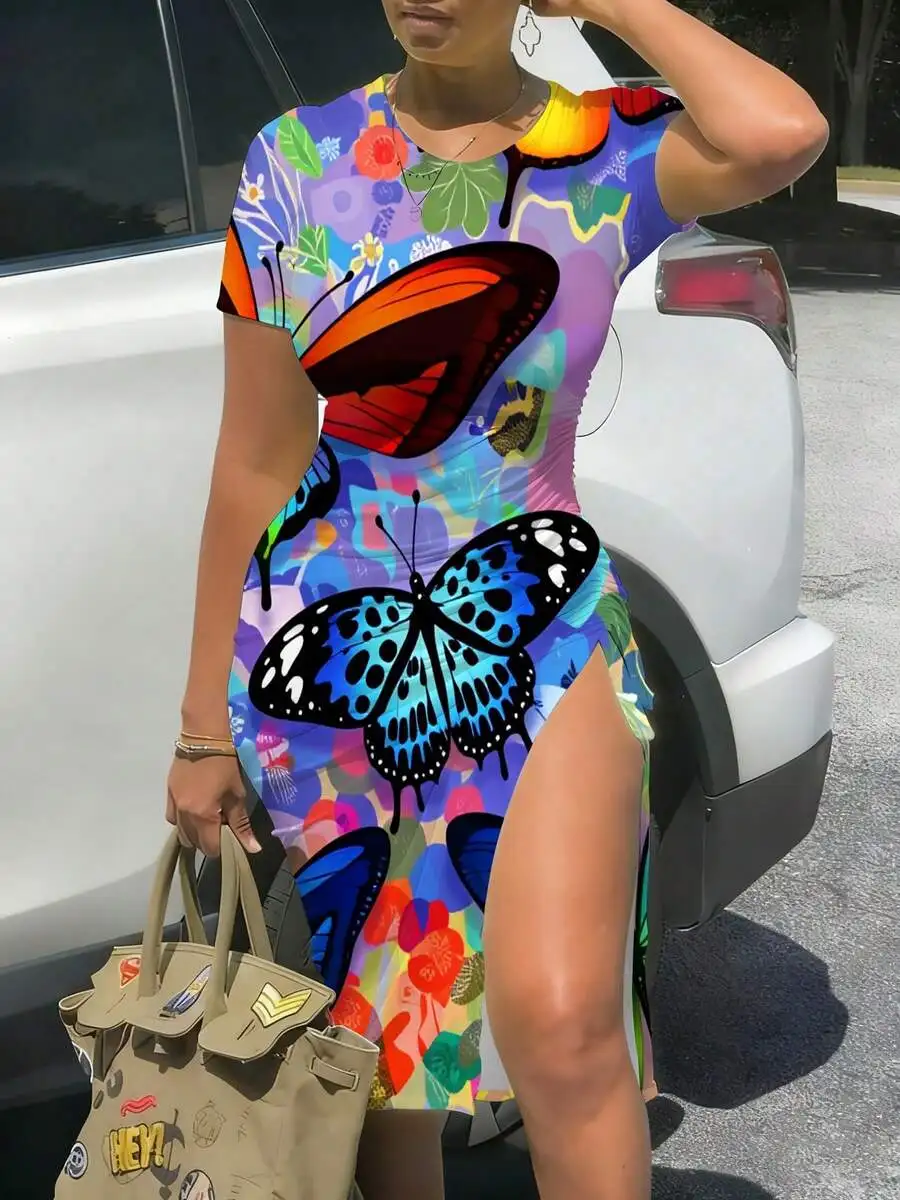 

Women Short Sleeve Fitted Midi Dress With Slit Butterfly Floral Abstract Print