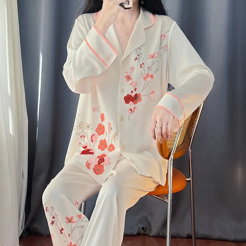 

Printed Comfortable Pajamas Women's Spring, Autumn Summer Long-sleeved Thin Ice Silk Can Be Worn Outside, Sweet High-end Suit