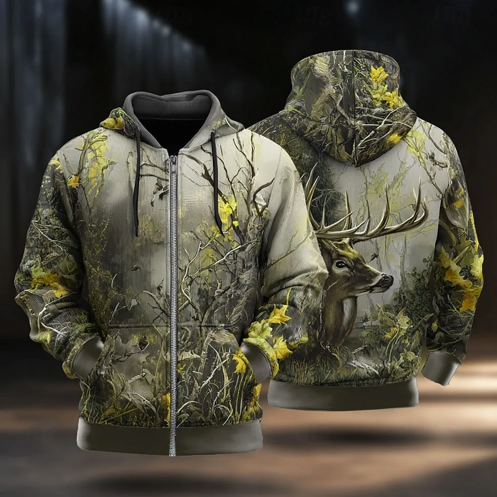 Men's Camo Deer Hoodie Jacket Sweatshirt Fashion Daily Hooded Vacation Hunting Brown Green Drawstring Zipper Fall Winter Hoodie