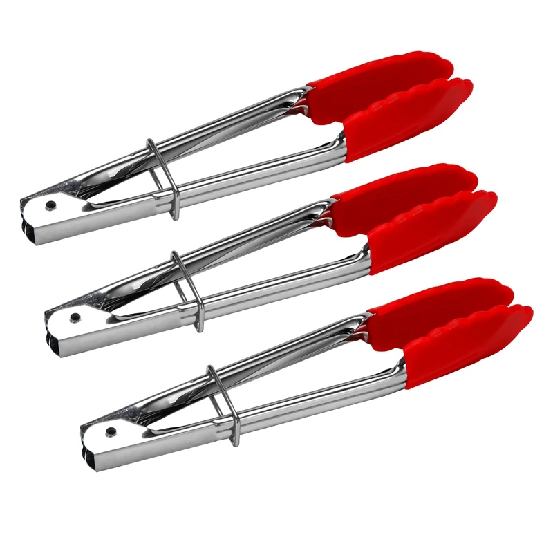 Small Tongs With Silicone Tips 7 Inch Kitchen Tongs – Set Of 3 - Perfect For Serving Food, Cooking, Salad, Grilling Red-A27I