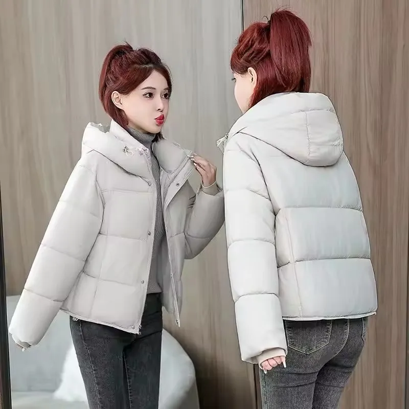 

Женская парка с капюшоном, новинка 2025 года, зимняя свободная теплая утепленная хлопковая верхняя одежда на пуху, повседневная короткая куртка-парка, базовое пальто женское