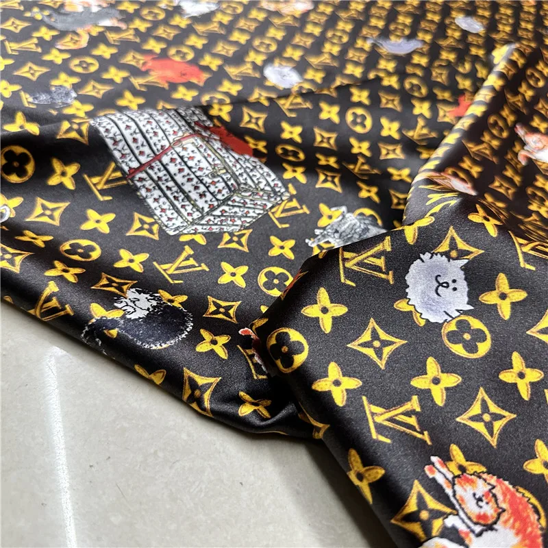 

3 Meter High-end Kitten Print Mulberry Silk Fabric 19Momme Silk Elastic Satin Floral Shirt Dress Fabric
