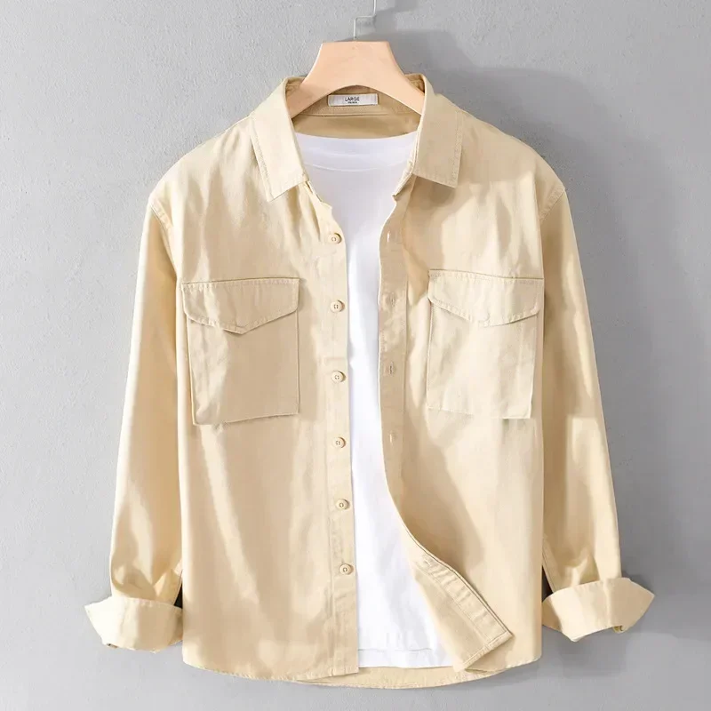 

Весенне-осенние мужские рубашки из чистого хлопка с длинными рукавами, японская рубашка-карго в стиле ретро, зеленая рубашка с двойным карманом, повседневная рабочая одежда, мужские топы