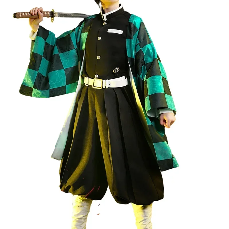 Anime Demon Slayer Tanjirou Kamado costumi Cosplay Kimetsu No Yaiba Kimono mantello uomo cappotto fodera pantaloni parrucca costumi di Halloween