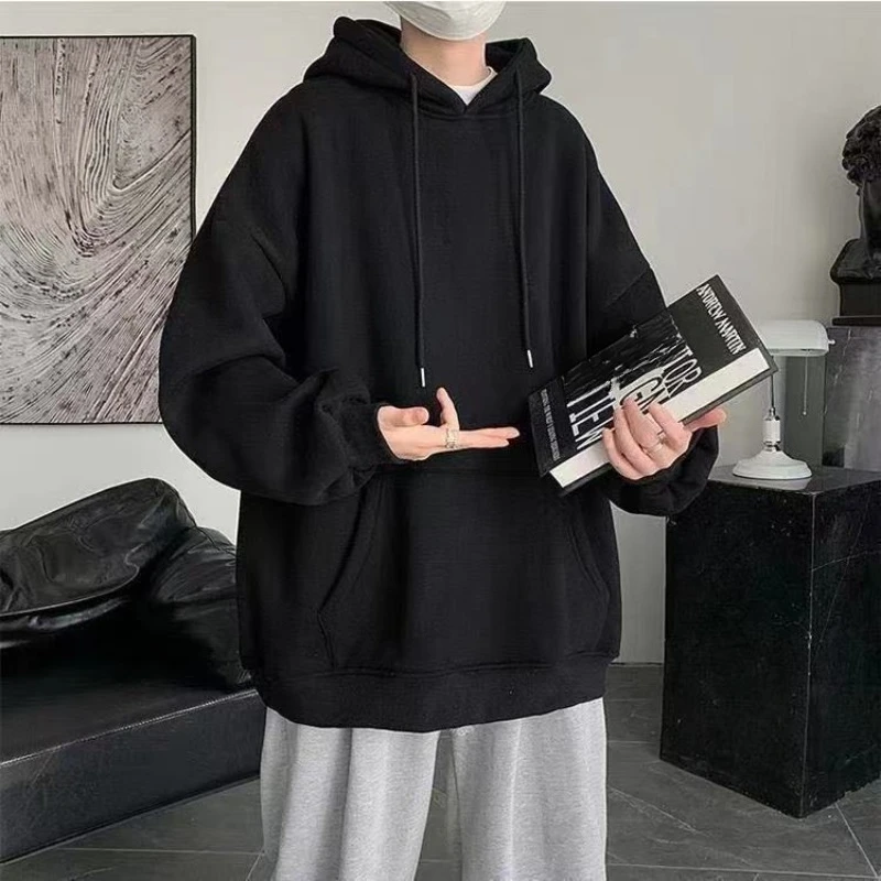 Men's Autumn Winter Fleece Hoodie Oversized Pullover Sweatshirt Korean Style Loose Warm Top Plus Size Streetwear