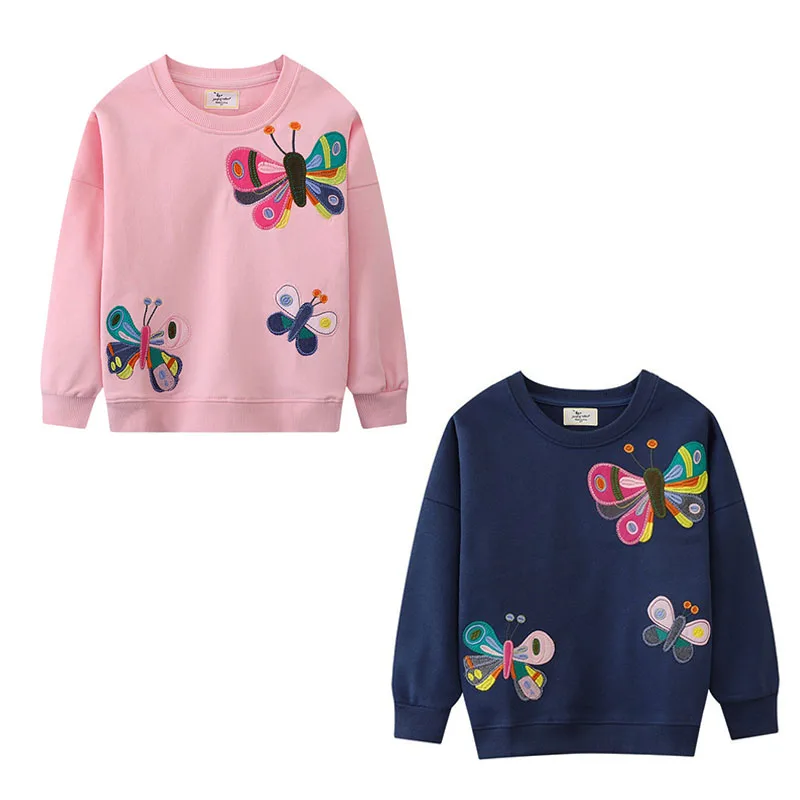 

Jumping Meters Girls Sweatshirts For Autumn Spring Long Sleeve Baby Clothing Butterfly Embroidery Toddler Hooded Kids Shirts