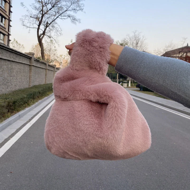 2024 New Winter Solid Color Underarm Bag Soft Plush Small Shoulder Bag Women\'s Warm Fluffy Imitation Mink Fur Handbag