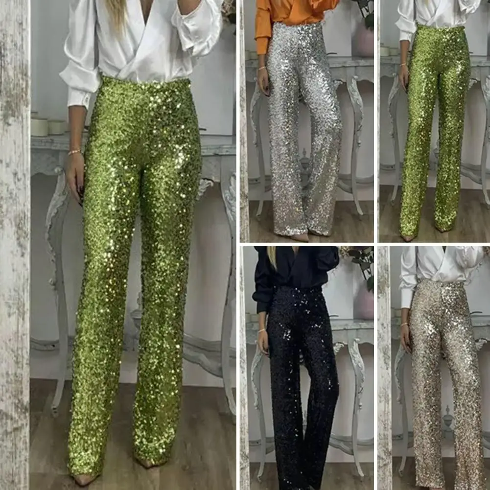 

Commuting Elastic Waist Trousers Sequins High Waist Flared Pants for Women Slim Fit Shining Trousers Solid Color Elastic