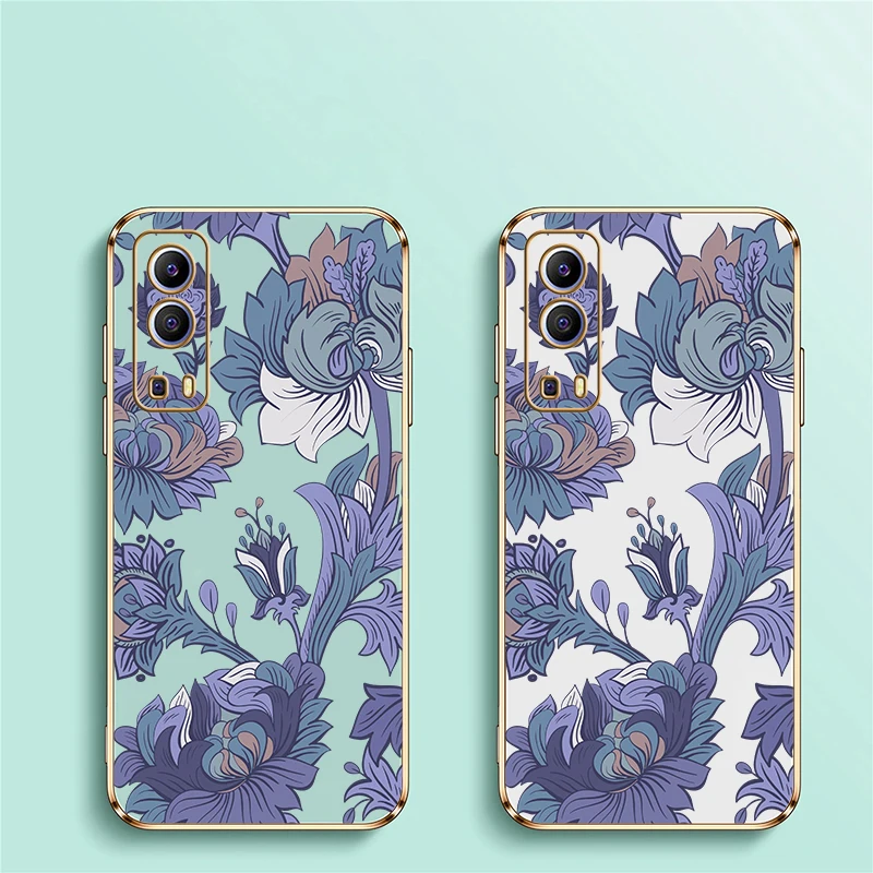 럭셔리 도금 소프트 TPU 폰 케이스 Vivo IQOO Z9 Z9X U5X U1X Neo Z3 Z7 충격 방지 실리콘 렌즈 보호 꽃무늬 커버