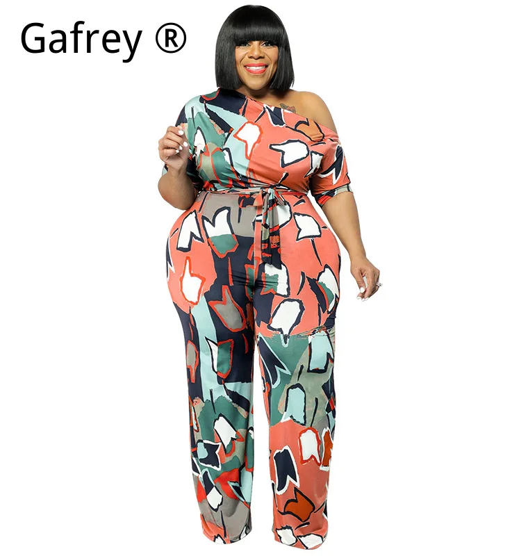 

Plus Size Women Summer One Shoulder Printed Jumpsuit Casual Loose Romper Fashion Streetwear Soft Comfortable Party Outfit