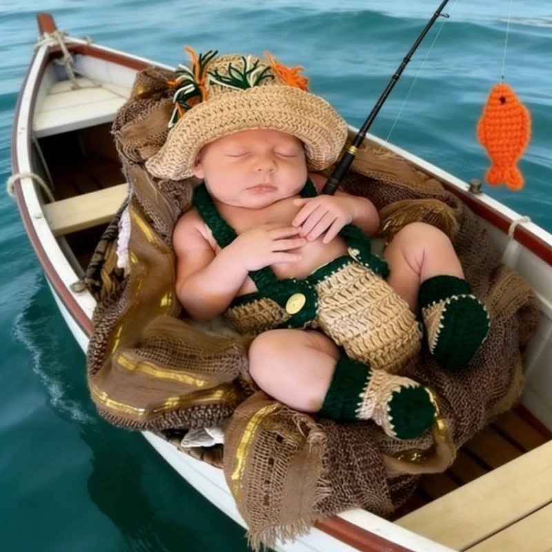 

Newborn Photography Props Baby Fishing Theme Crochet 5pcs Set Soft Cotton Fisherman Hat Diaper Cover Pants Booties for 0-3 M