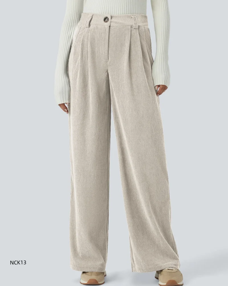 Corduroy broek met hoge taille voor dames Herfst Winter Ontspannen broek met rechte pijpen High Street Wijde pijpen Dikke warme broek met losse knopen