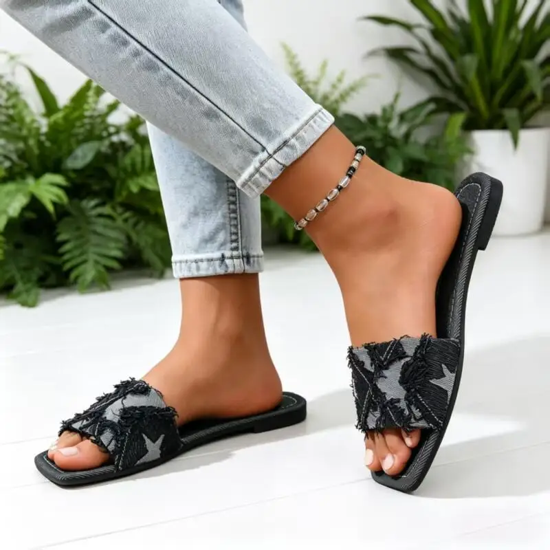 Y2K Denim Strap Flat Heel Sandals Women Summer 2026 Fashion Patchwork Star Pattern Square Toe Beach Slippers Lightweight Sandals view 4