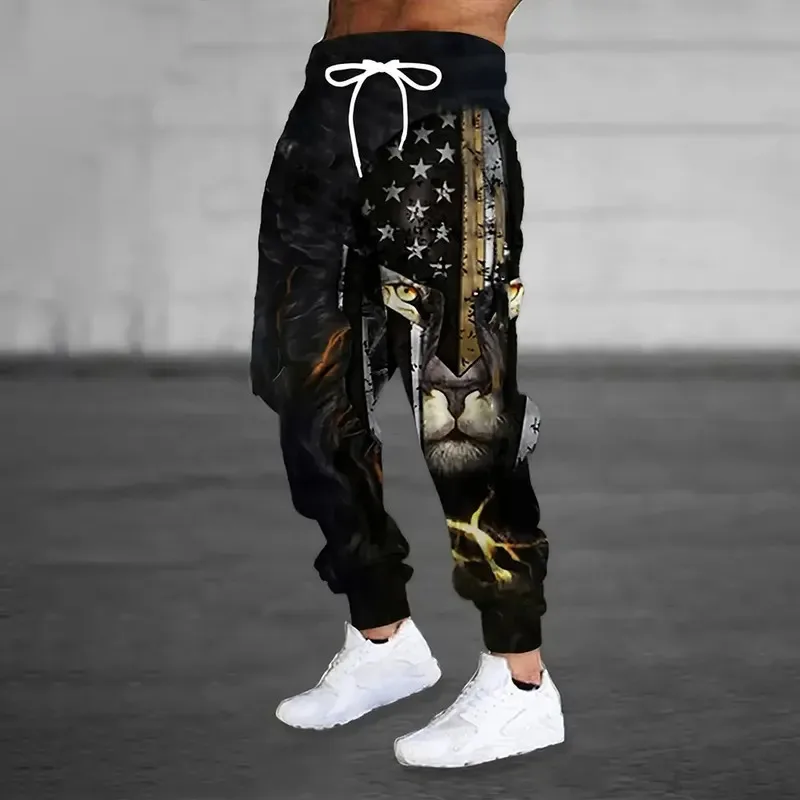 2026 موضة جديدة الأسد طباعة Sweatpants الرجال حجم كبير فضفاض الترفيه جيب رسم حبل الرياضة Sweatpants الشتاء سميكة بناطيل تدفئة