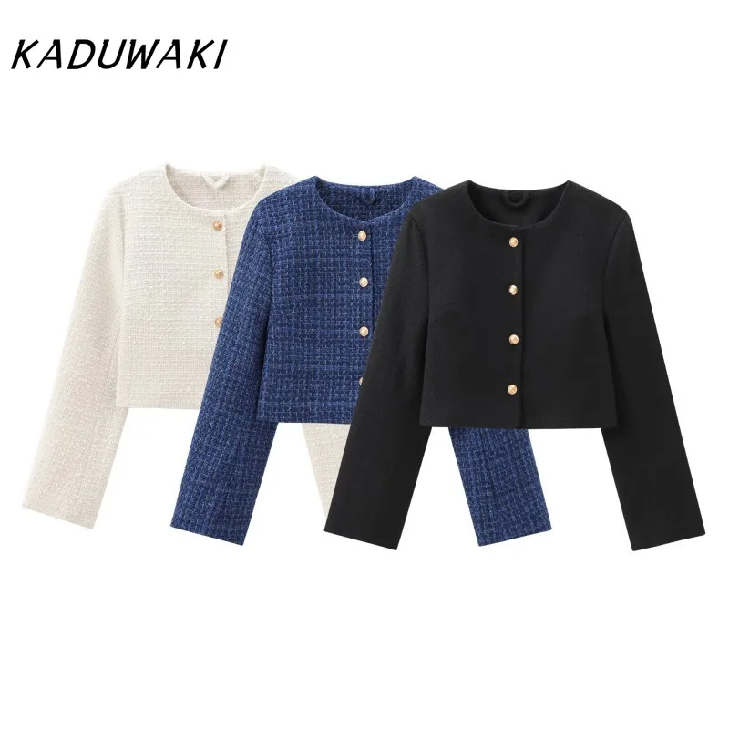 

KADUWAKI Европейская и американская женская мода, простые удобные однобортные бархатные короткие куртки с круглым вырезом и длинными рукавами