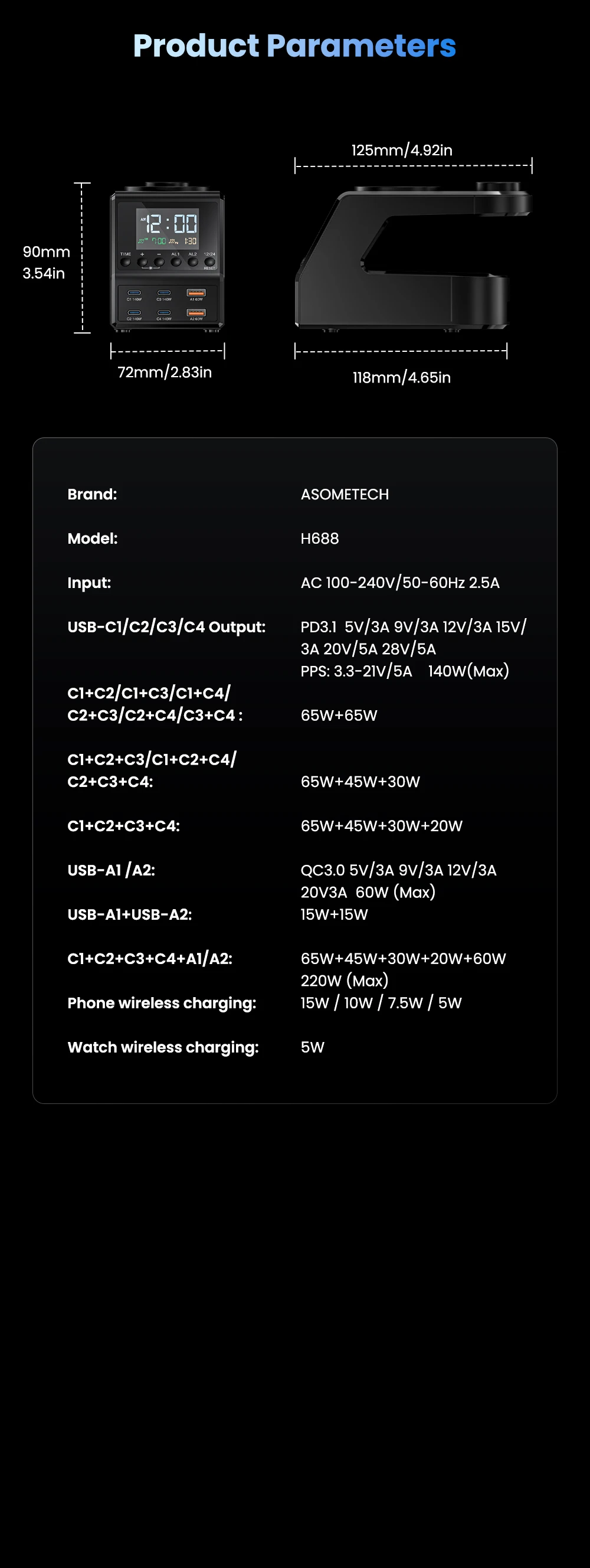 240W GaN Charger Station 4×140W PD3.1 USB Type C Wireless Fast Charger for MacBook iPad Samsung Alarm Clock Time Display