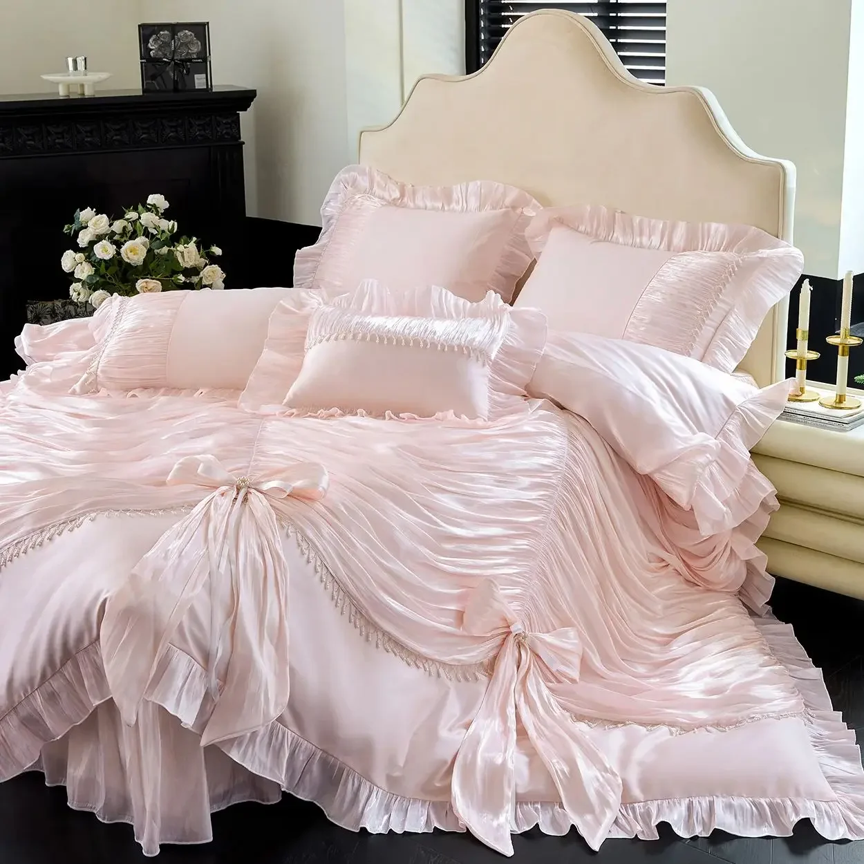 1000TC Egyptian Cotton Vintage French Palace Style Pleated Lace Ruffles Bow Bedding Set Duvet Cover Bed Skirt Pillowcases 4/5Pcs