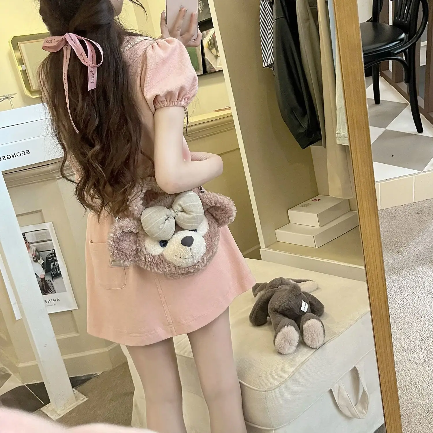 Gaganight Women Pink Doll Neck manica a sbuffo Set a due pezzi 2024 Summer New Korean Academy Style Cute manica corta Top gonna corta