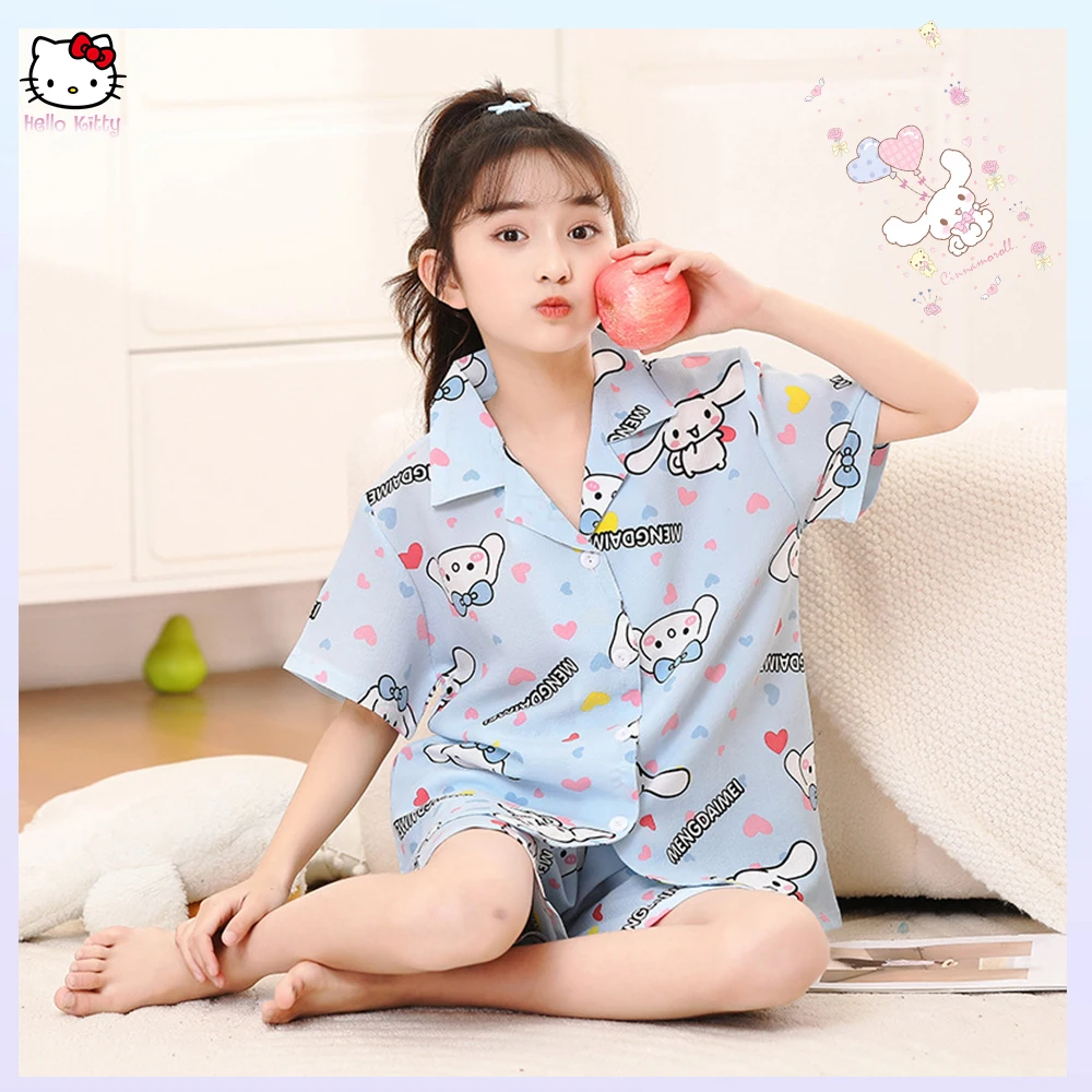 Children's Pajamas Sets Anime Cinnamoroll Kuromi Melody New Summer Cute Kids Cardigan Short Sleeve Sleepwear Girls Boys Homewear