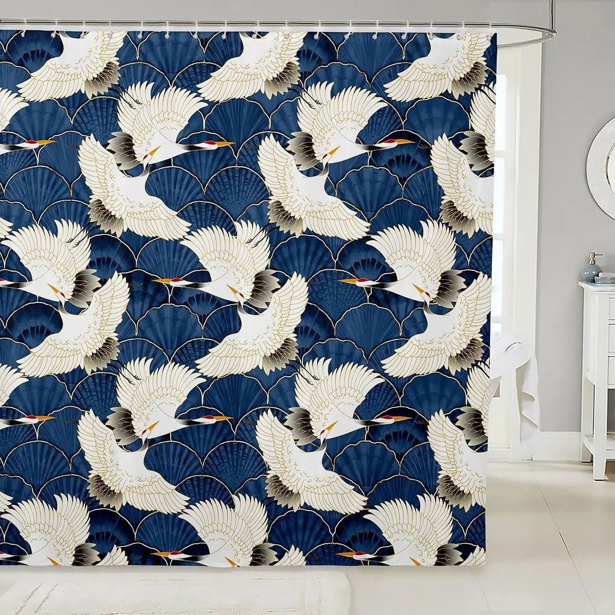 Elegant Navy Blue Bird Print Polyester Shower Curtain Waterproof Bathroom Decor Coastal Swallows Pattern for Home