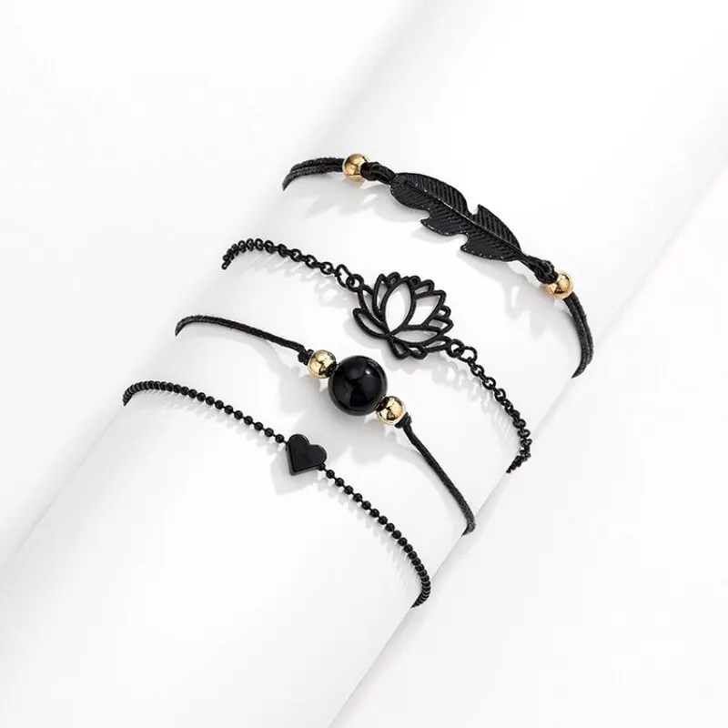 4pcs Bracelet Set Ladies Dark Wind Alloy Spray Paint Leaves Lotus Flower Peach Heart Accessories Combination Jewelry