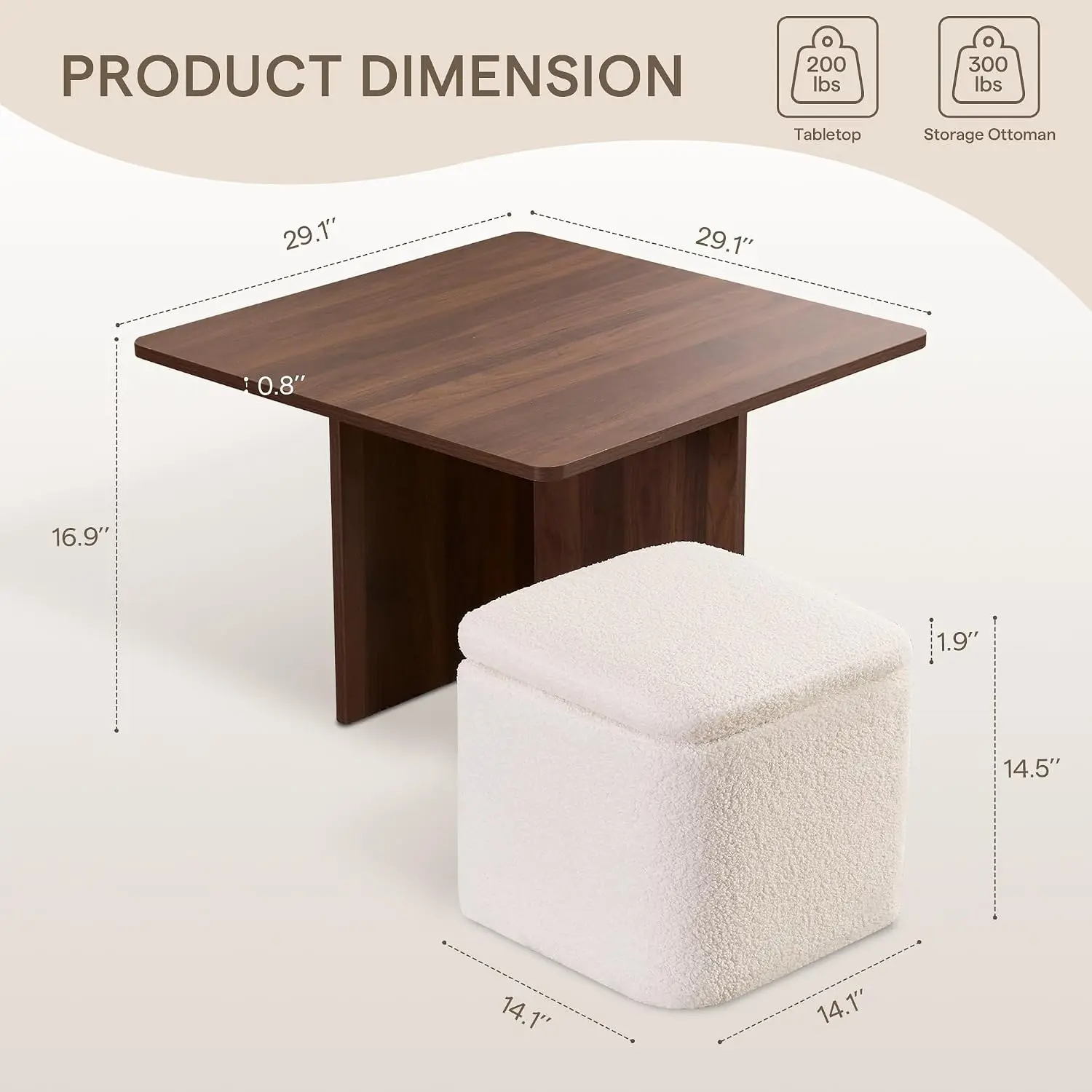 Square Coffee Table With Storage Ottomans, Beige, Customized