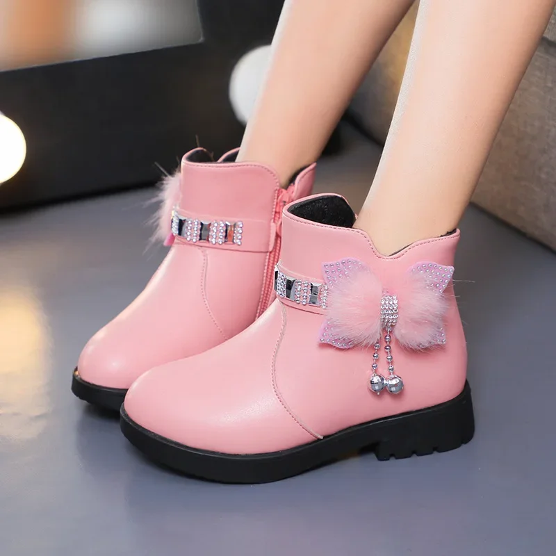 2023 Autumn Winter Girl\'s Boot Soft Leather Ankle Boots Plus Velvet Warm Kids Shoes Toddler Non-slip Cotton Boots Princess Shoes