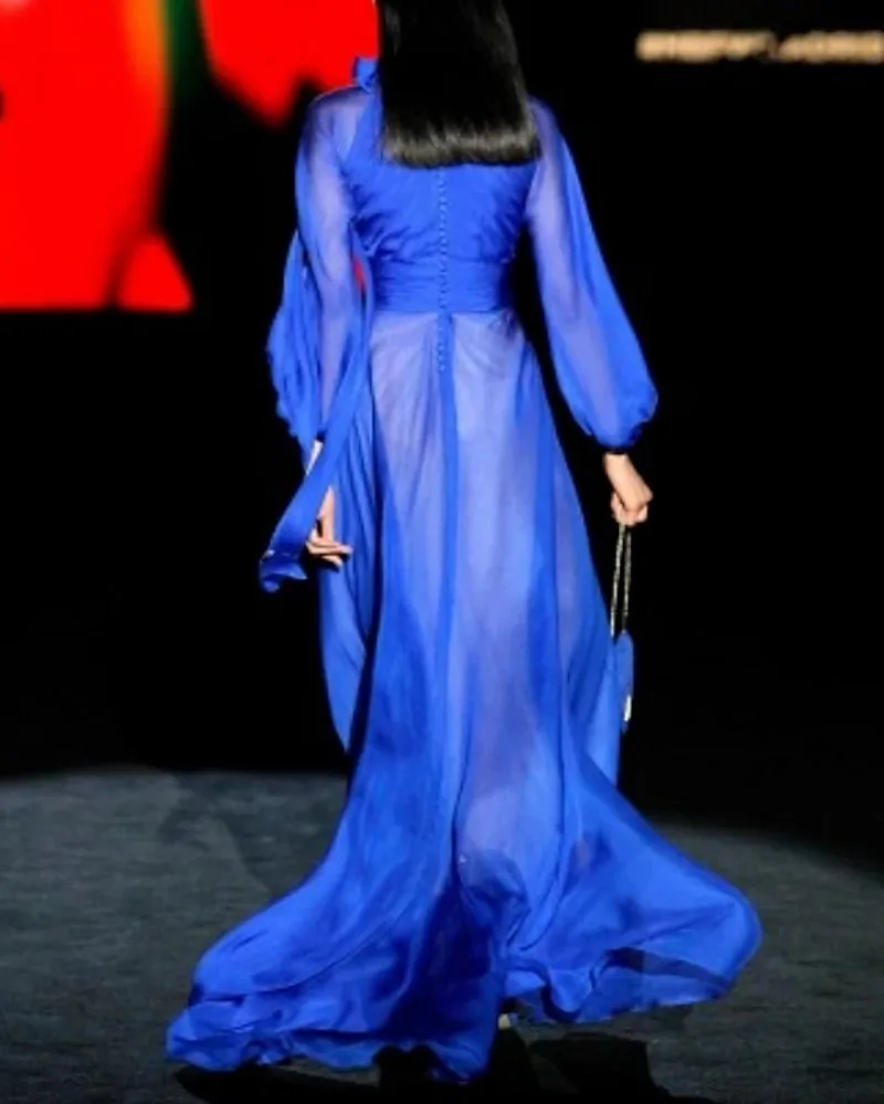 Elegant Blue Evening Formal Dress High Neck 3/4 Sleeve Pleats Floor Length Chiffon Prom Party Gowns Sexy Robe De Soiree