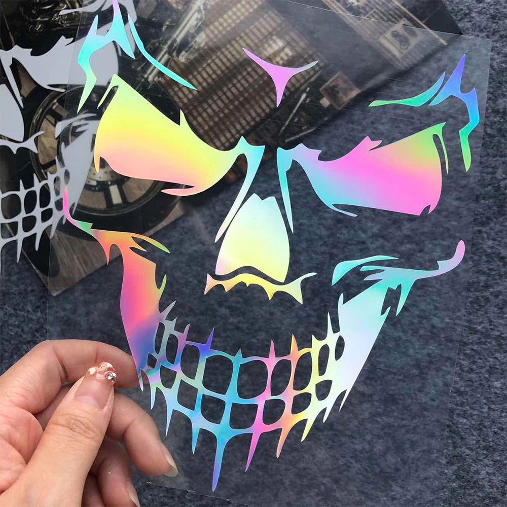 Skull Head Reflective/Laser Rainbow Car Stickers Hood Side Door Motorcycle Motorbike Scooter Body Window Decorative Decals