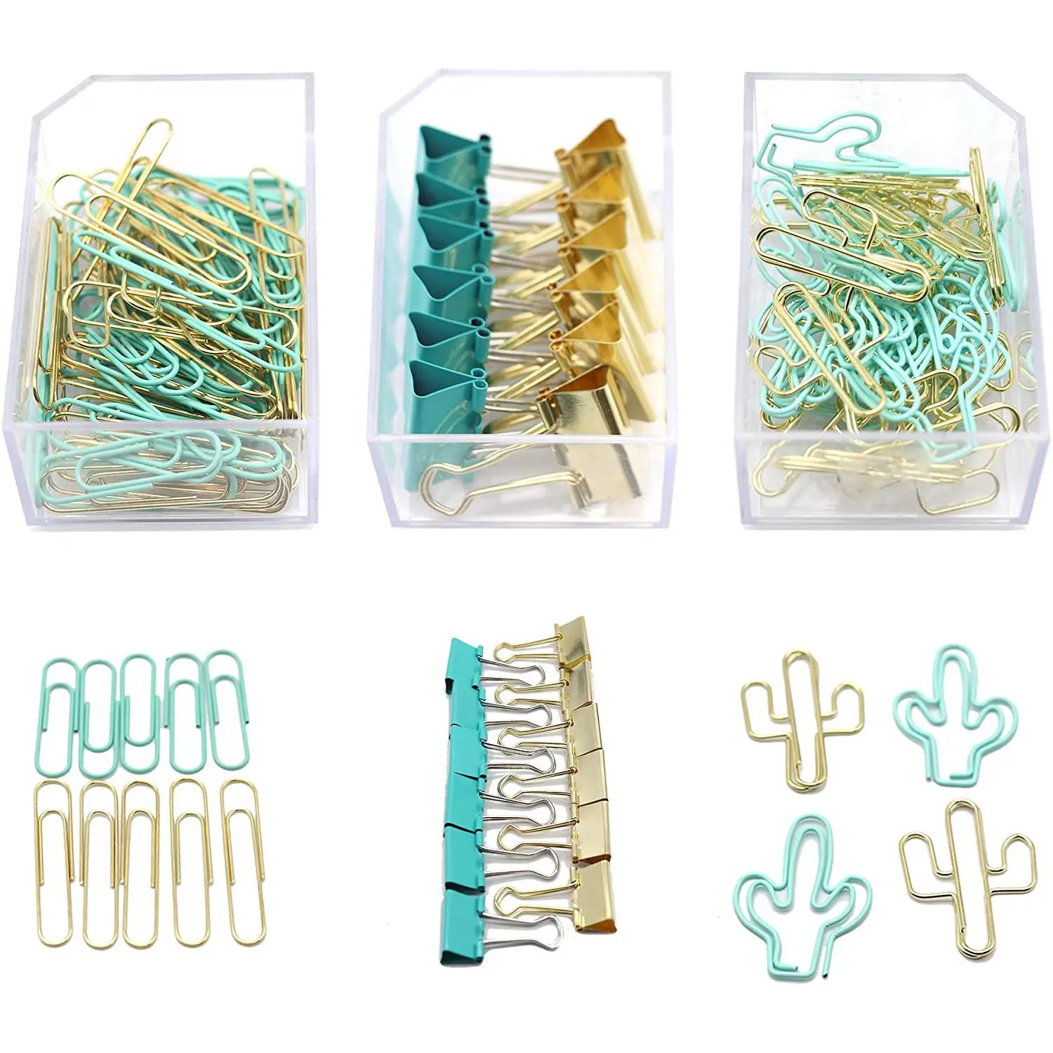 Gold Binder Clips And Paper Clips Set (3-In-1 Boxed) For Office School Supplies Teachers Classroom Daily Use