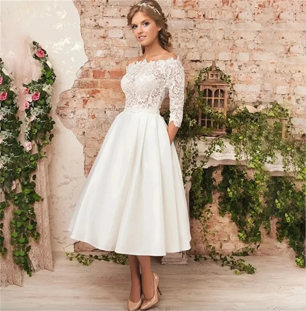 Boat Neck Wedding Dress Lace Appliques 3/4 Sleeves A-Line Satin Tea-Length Bridal Gown New Vestidos de novia Homecoming Gown