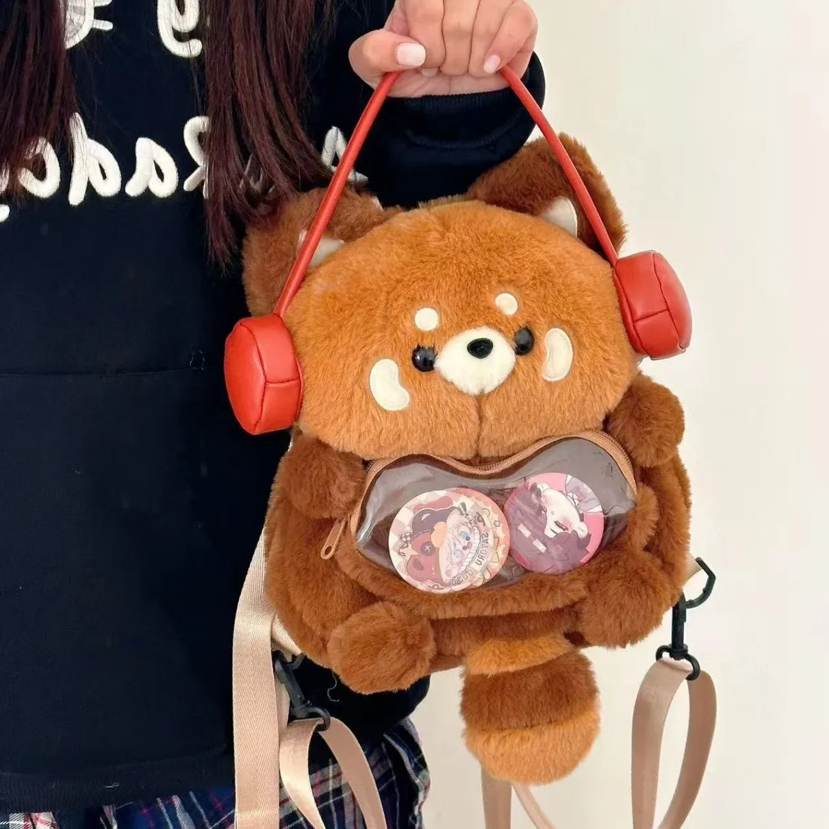 لطيف أفخم الباندا الأحمر على ظهره سعة كبيرة لينة حقيبة كتف الموضة Kawaii رقيق ارتداء سماعات الحيوان حقيبة امرأة فتاة هدية