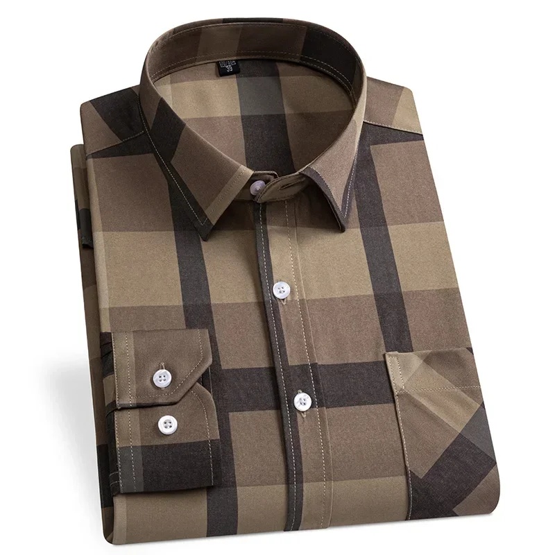 

Mens Classic Business Long Sleeve Shirts Polyester Cotton Plaid Formal Dress Shirt 2024 Casual Standard Fit Male Workwear Shirts