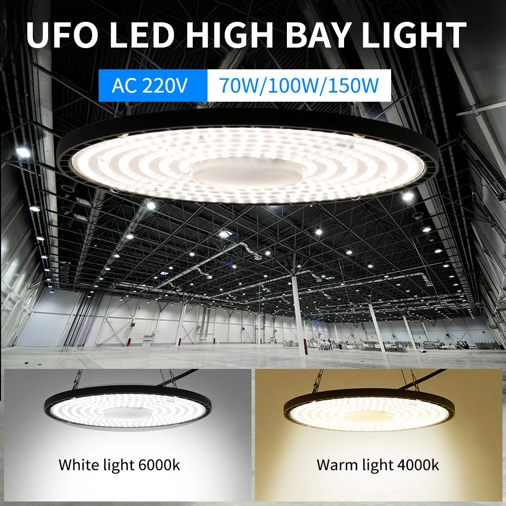 LED High Bay 70W 100W 150W Highlight UFO Waterproof Dustproof 4000k 6000k Factory Lamp Warehouse Lighting with Plug