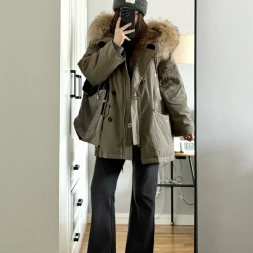 두꺼운 양털 안감 따뜻한 패딩 자켓 빈티지 아메리칸 스타일 DownCotton 여성 겨울 코트 고품질 코튼 소재 