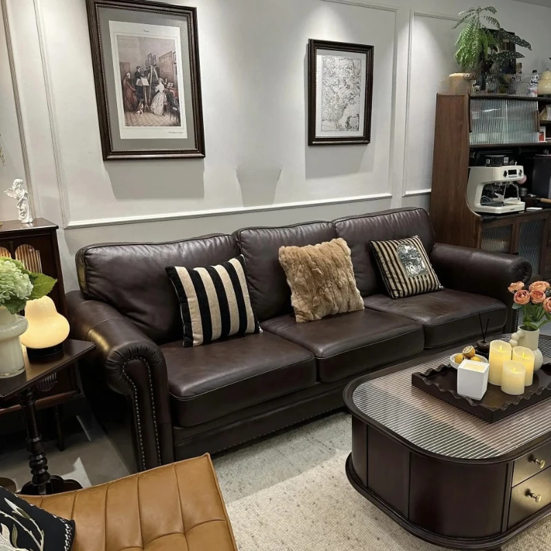 

Кожаный диван X-S прямой формы в антикварном ретро-стиле из вощеной коровьей кожи для гостиной, высококачественный диван.