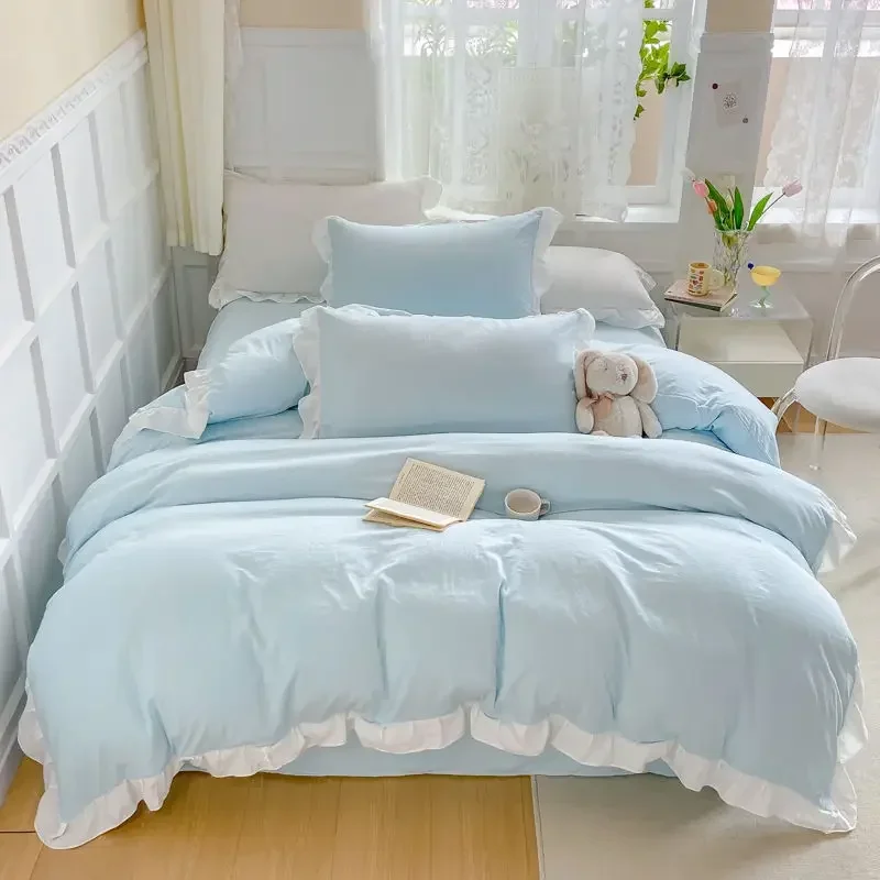 Korean Princess Style Duvet Cover Set No Filling Pink Blue Soft Washed Cotton Girls Favorite Ruffles Bed Linen Pillowcases