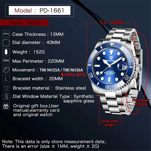 Imagen 2 del producto Reloj Mecánico Automático para Hombre Pagani Design PD1661 NH35/8215, Reloj de Buceo de Acero Inoxidable, Resistente al Agua, con Cristal de Zafiro