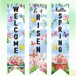 3Pcs Spring Easter Porch Banner Decorations Welcome Happy Easter He Is Risen Bunny Floral Green Leaves Porch Sign Easter Spring